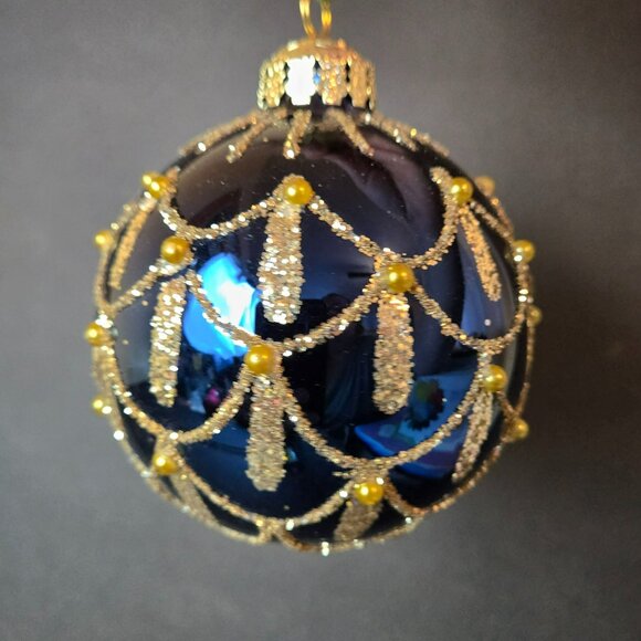 Frontgate Blue Gold Glass Ornament 4 Inch Elegant Beaded Glitter Christmas Decor - Picture 3 of 7